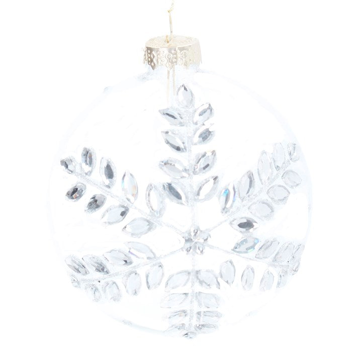 Glass Bauble 8cm - Clear w Silver Diamante Snowflake