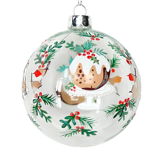 Glass Bauble 8cm - Clear w Plum Pudding