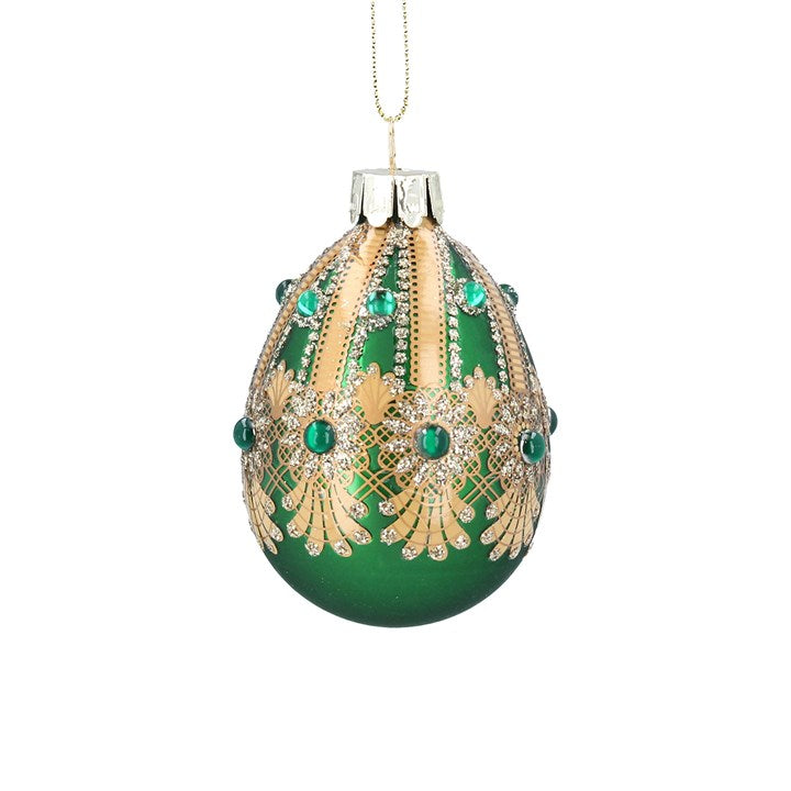 Glass Dec 7cm - Green Jewelled Egg