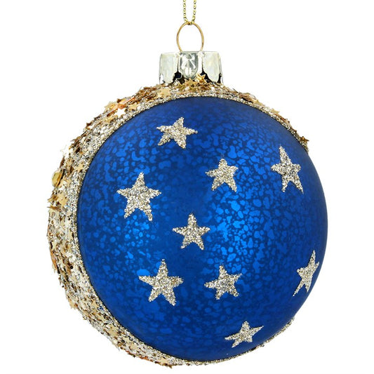 Glass Bauble 8cm - Antique Blue w Gold Moon/Stars