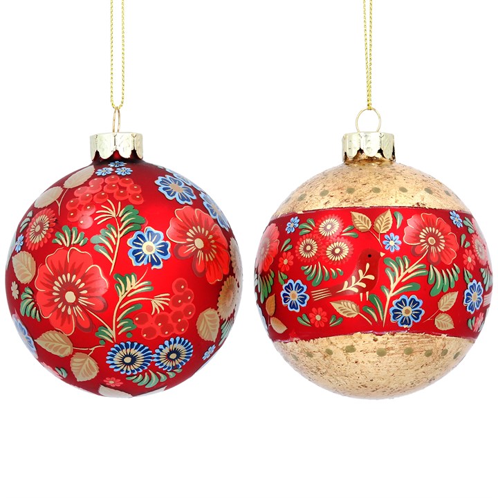 Glass Bauble 8cm - Red & Gold Floral Folk Art