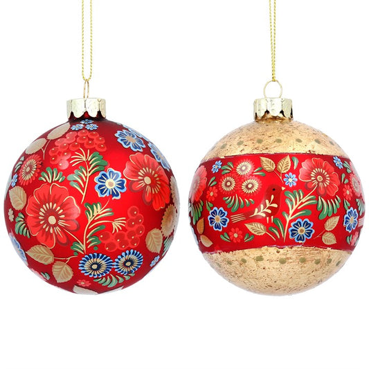 Glass Bauble 8cm - Red & Gold Floral Folk Art