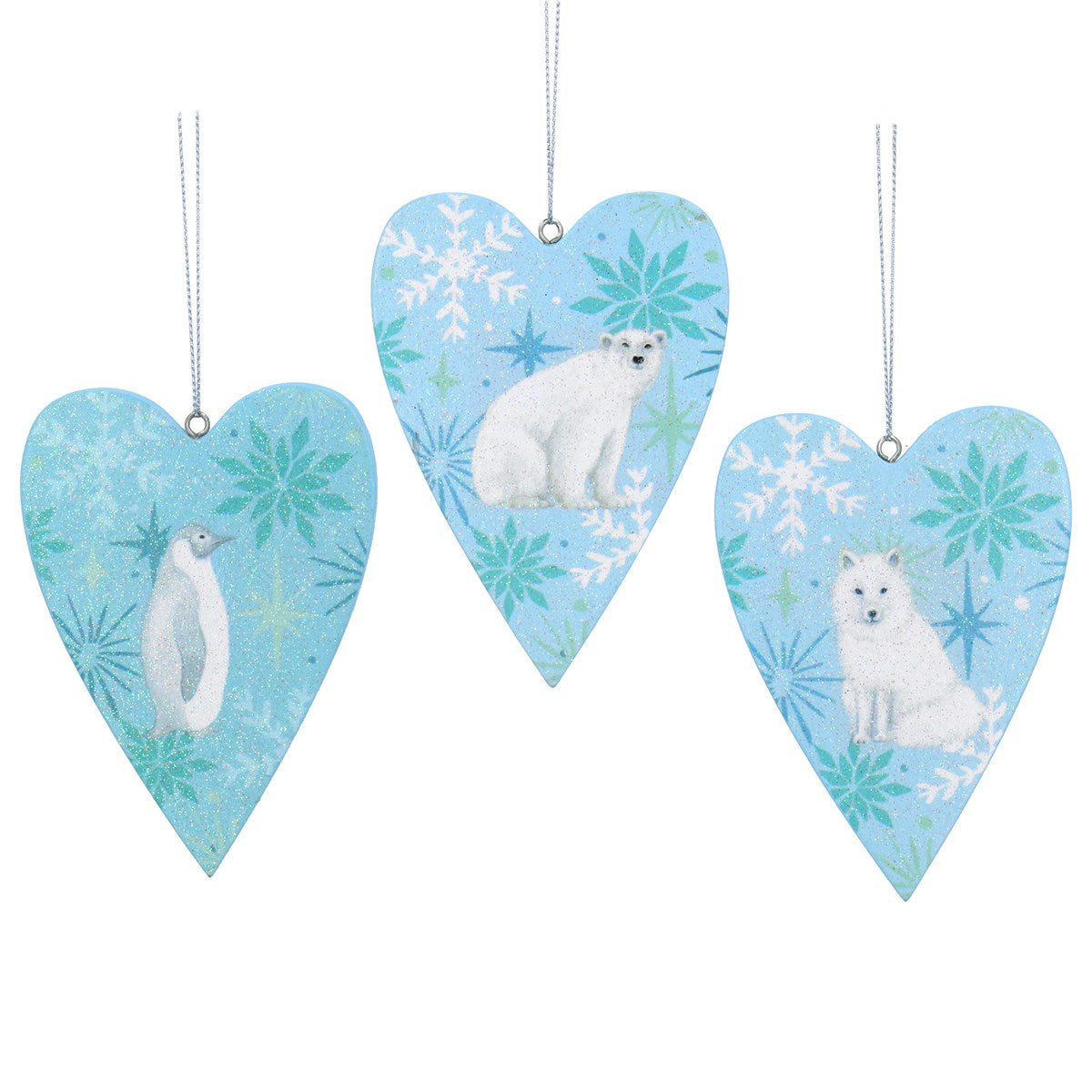 Wood Dec 10cm - White/Blue Heart w Arctic Animal