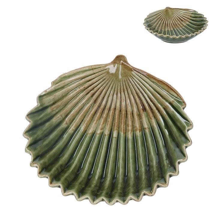 Ceramic Trinket Dish 15cm - Antiqued Green Fan Leaf