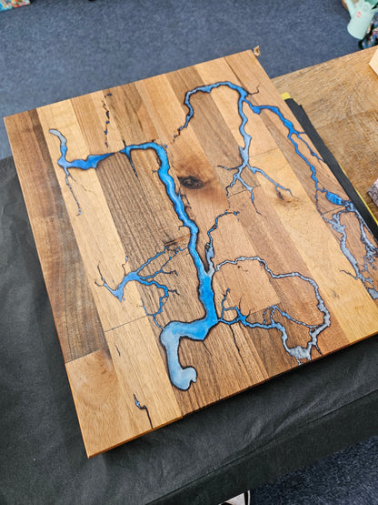 Handcrafted Walnut Serving Board with Fractal markings and Blue Resin