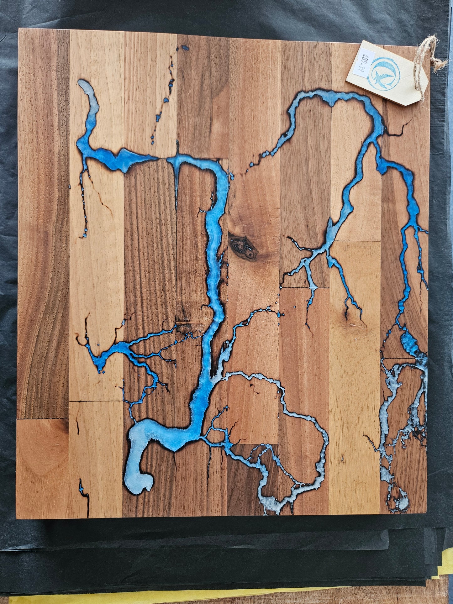 Handcrafted Walnut Serving Board with Fractal markings and Blue Resin