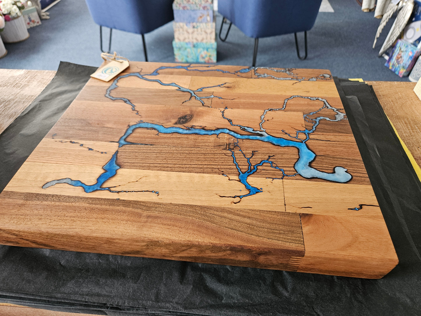 Handcrafted Walnut Serving Board with Fractal markings and Blue Resin