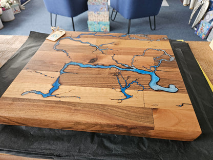 Handcrafted Walnut Serving Board with Fractal markings and Blue Resin