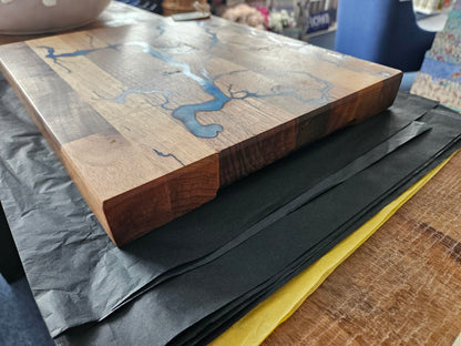 Handcrafted Walnut Serving Board with Fractal markings and Blue Resin