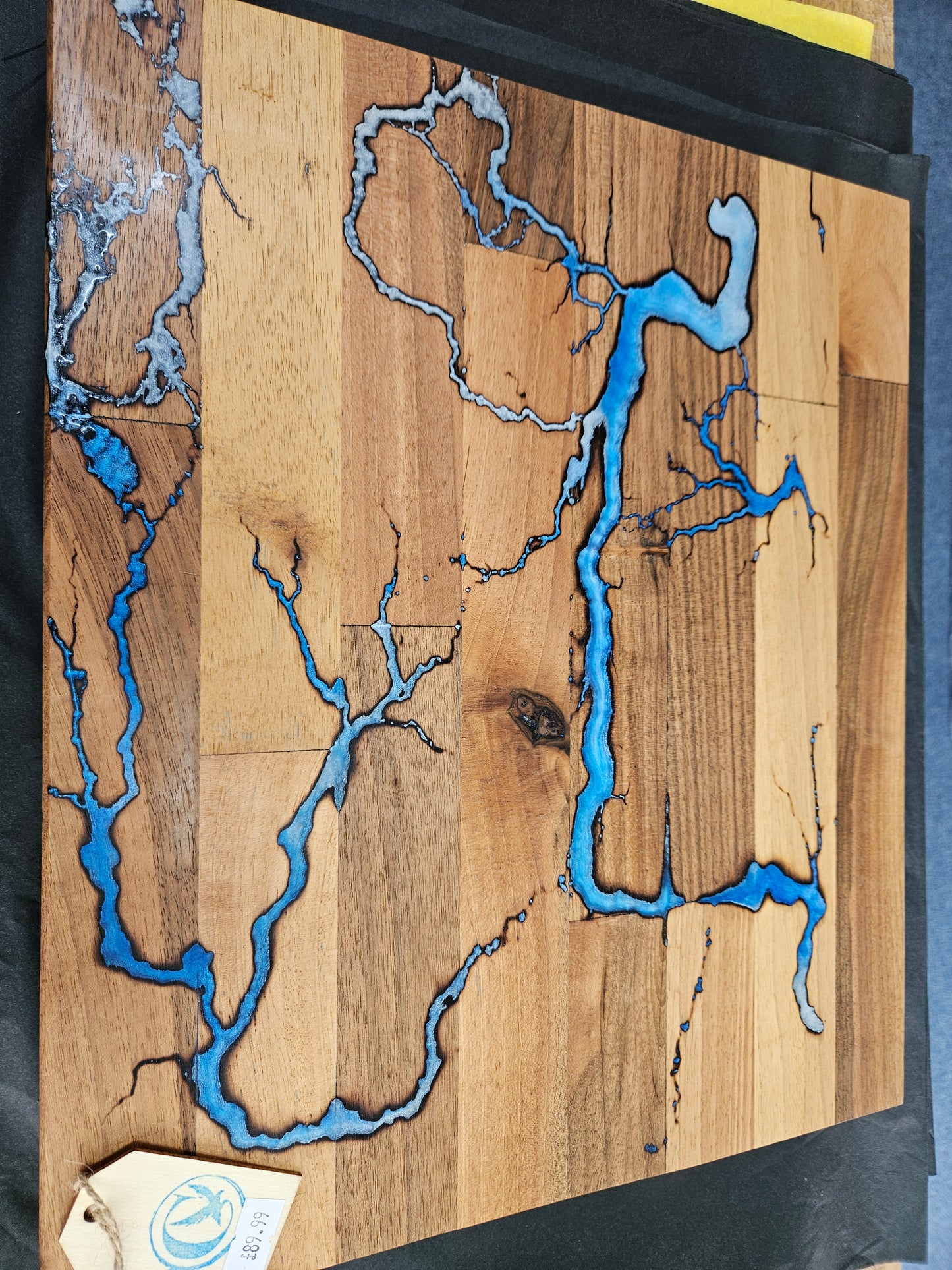 Handcrafted Walnut Serving Board with Fractal markings and Blue Resin