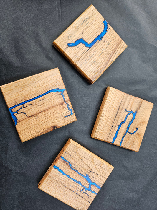 Single Handcrafted Wooden Coaster with Fractal Markings and Blue Resin