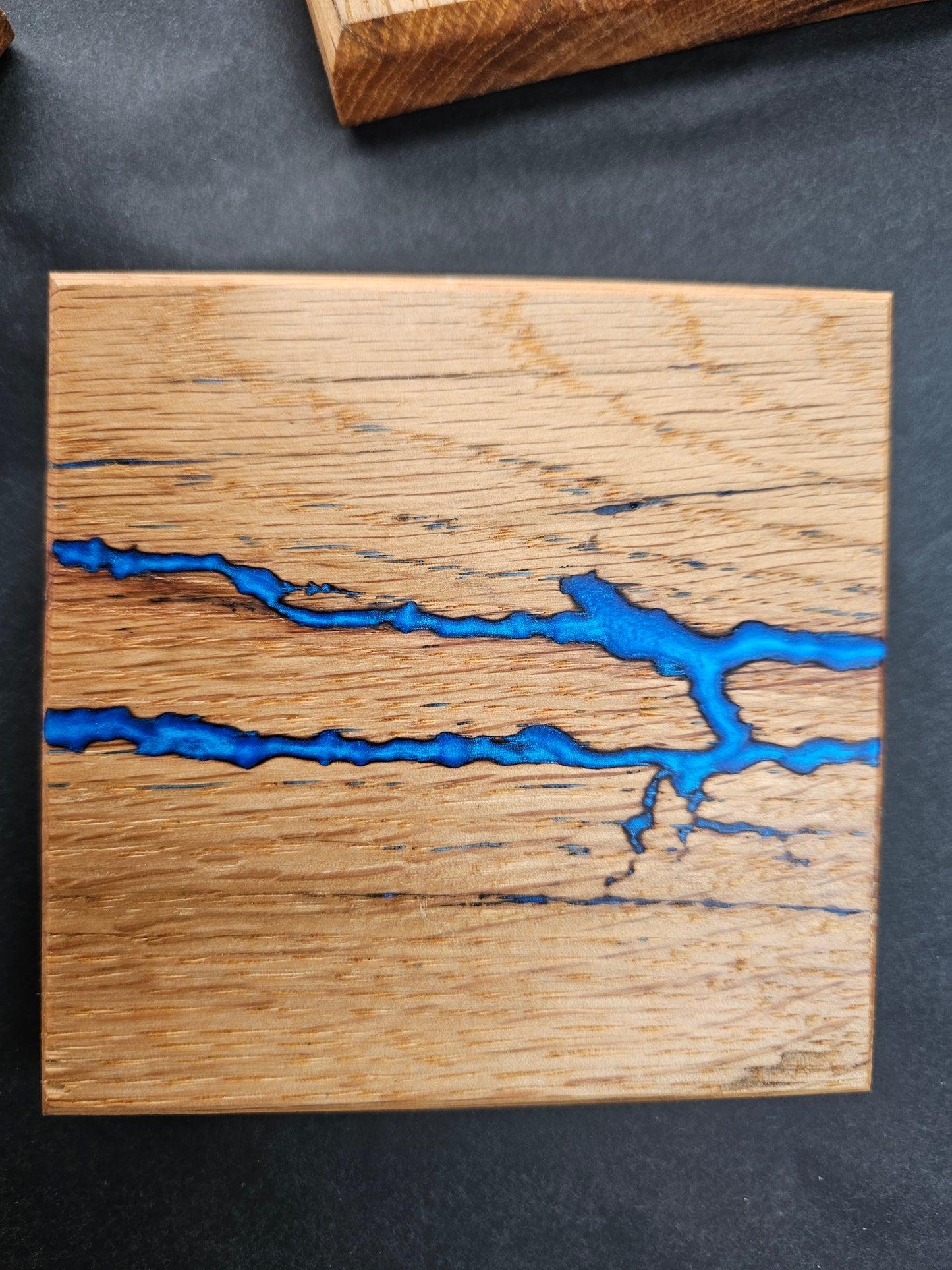 Single Handcrafted Wooden Coaster with Fractal Markings and Blue Resin