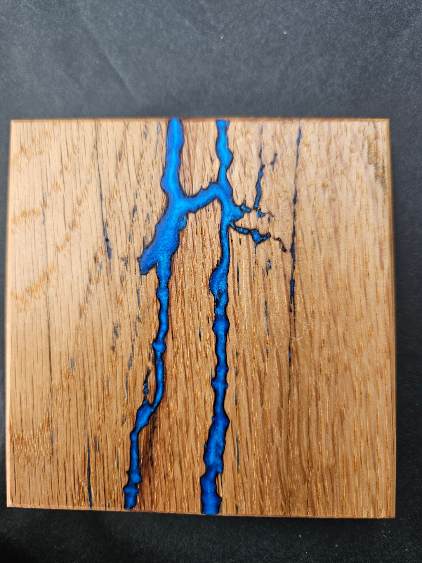 Single Handcrafted Wooden Coaster with Fractal Markings and Blue Resin