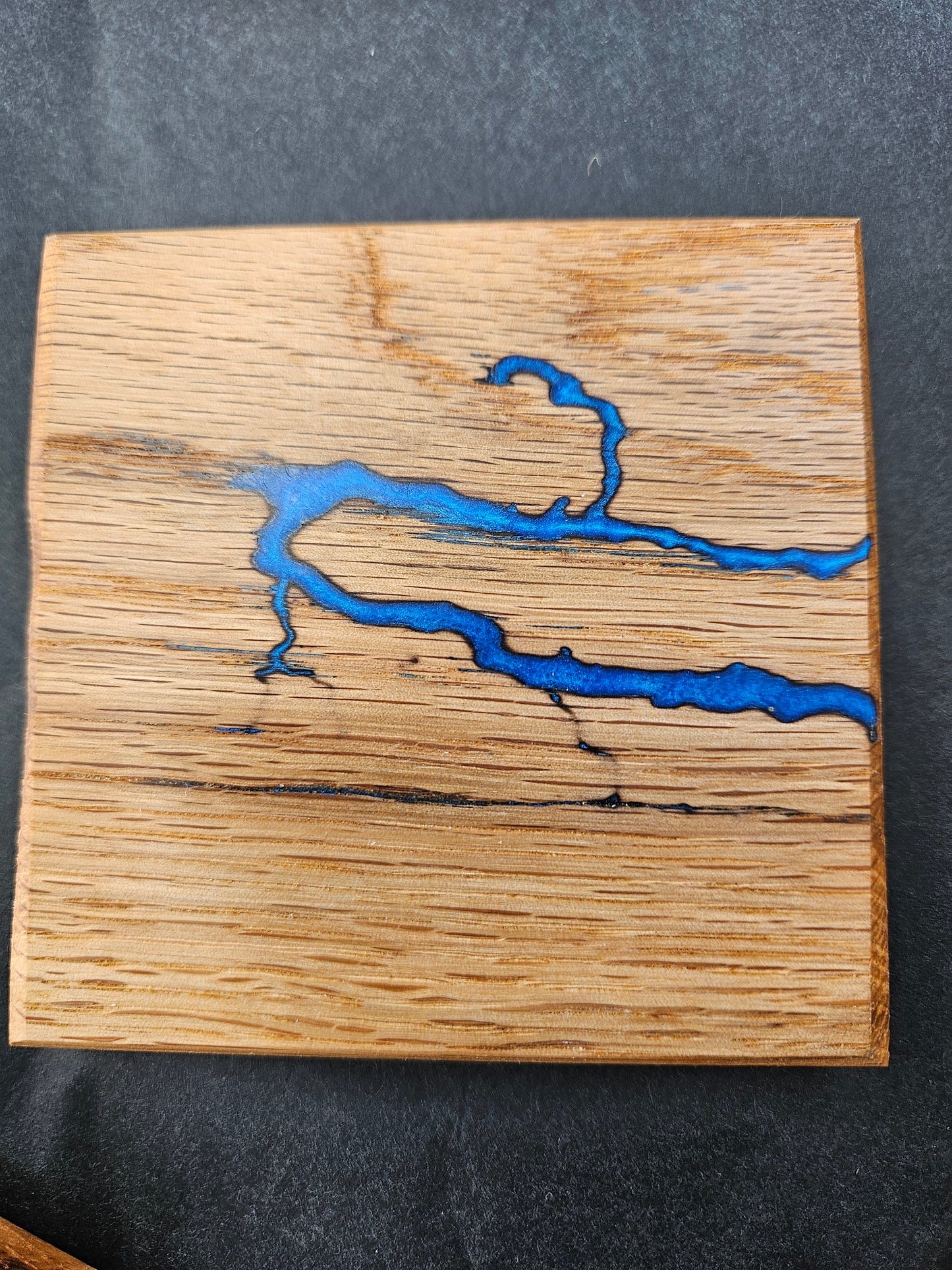 Single Handcrafted Wooden Coaster with Fractal Markings and Blue Resin