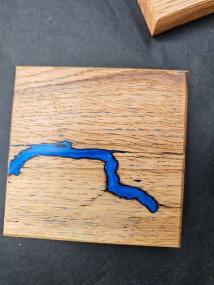 Single Handcrafted Wooden Coaster with Fractal Markings and Blue Resin