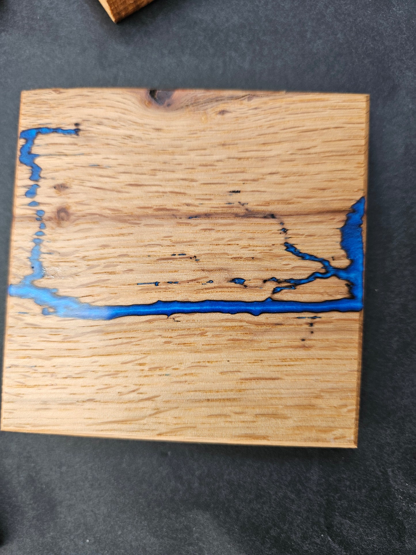 Single Handcrafted Wooden Coaster with Fractal Markings and Blue Resin