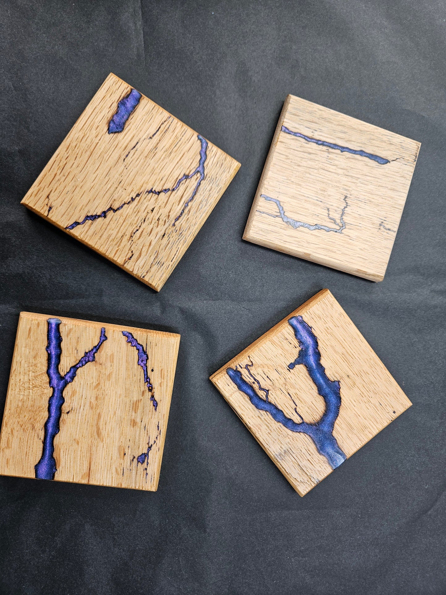 Single Handcrafted Wooden Coaster with Fractal Markings and Purple Resin