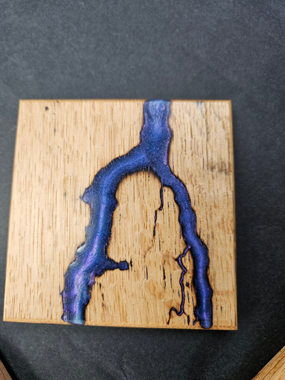 Single Handcrafted Wooden Coaster with Fractal Markings and Purple Resin