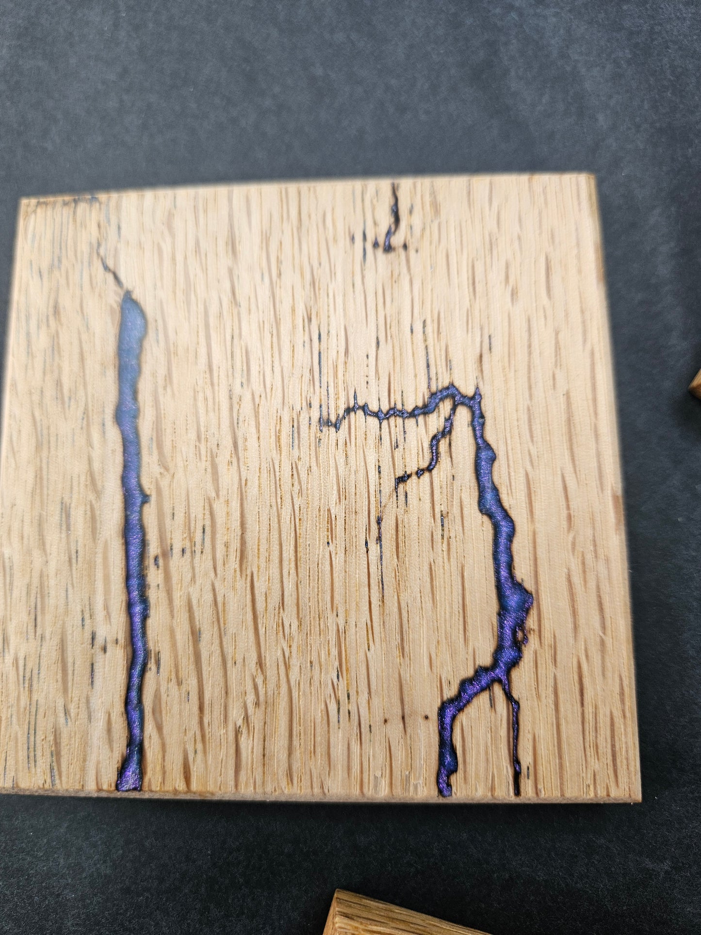 Single Handcrafted Wooden Coaster with Fractal Markings and Purple Resin