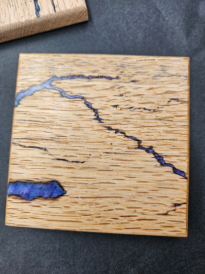 Single Handcrafted Wooden Coaster with Fractal Markings and Purple Resin