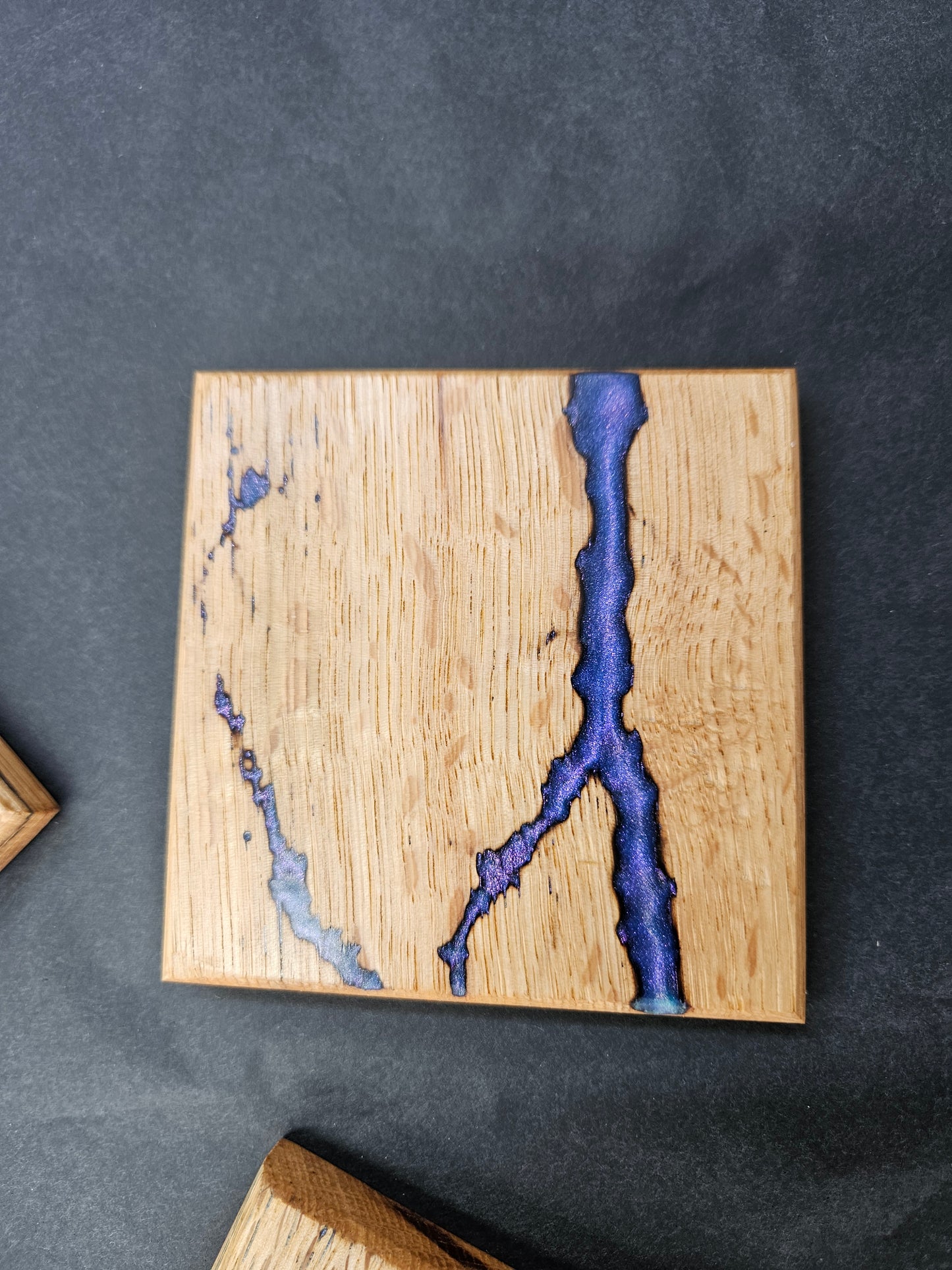 Single Handcrafted Wooden Coaster with Fractal Markings and Purple Resin