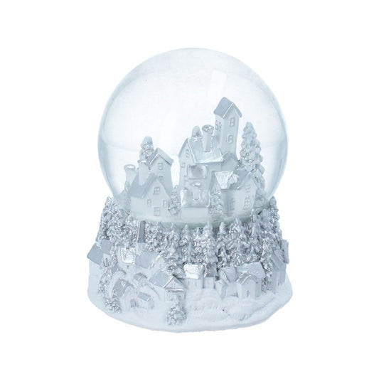 Resin Snow Dome 17cm - Silver/White Village, White Christmas