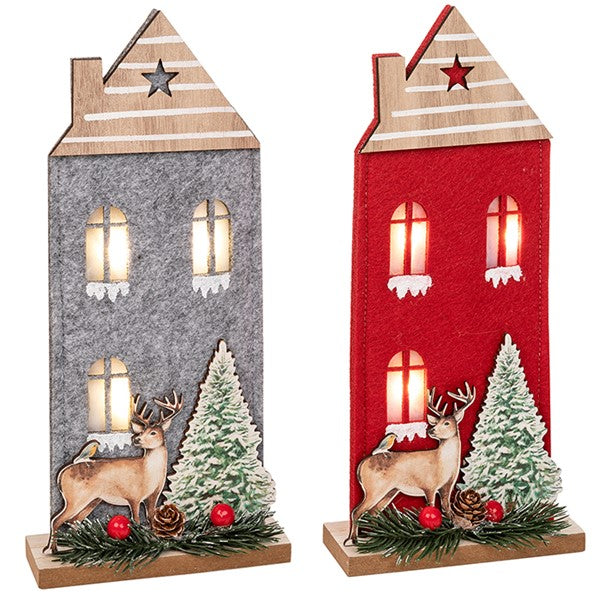 LED Light up Xmas Wood/Felt Stag House Tall