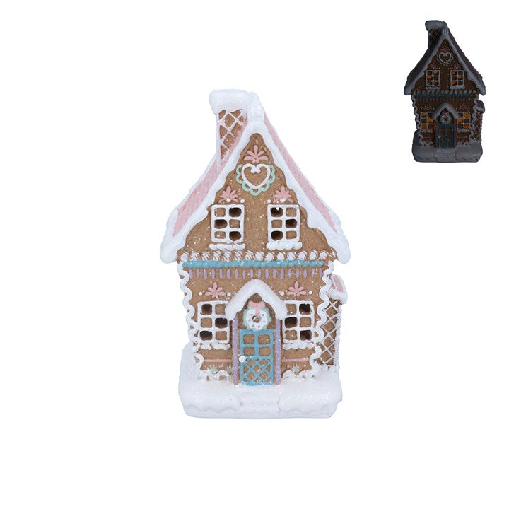 Resin Orn 21cm - Pastel Iced LED Gingerbread House