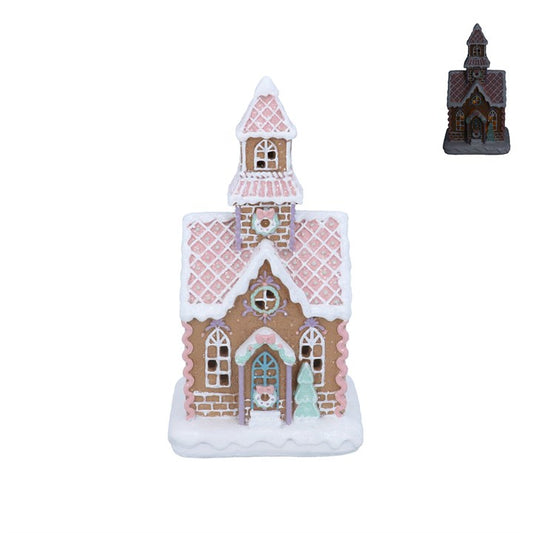 Resin Orn 25cm - Pastel Iced LED Gingerbread House w Tower