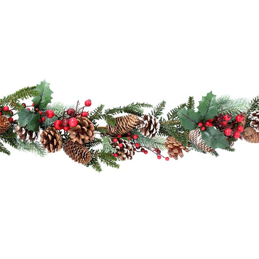 Luxury Garland 190cm- Fir w Red Berries/Snowy Cones