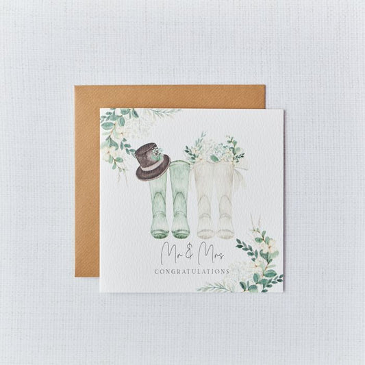 Wedding Mr & Mrs card with Top Hat and Foliage