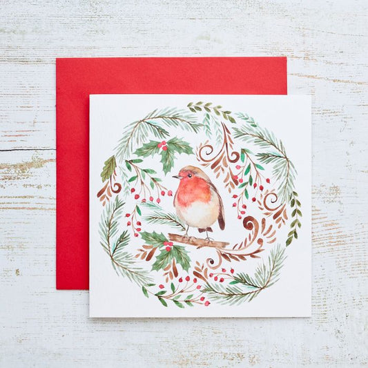 Christmas Folk Robin Card Holly Wreath Design