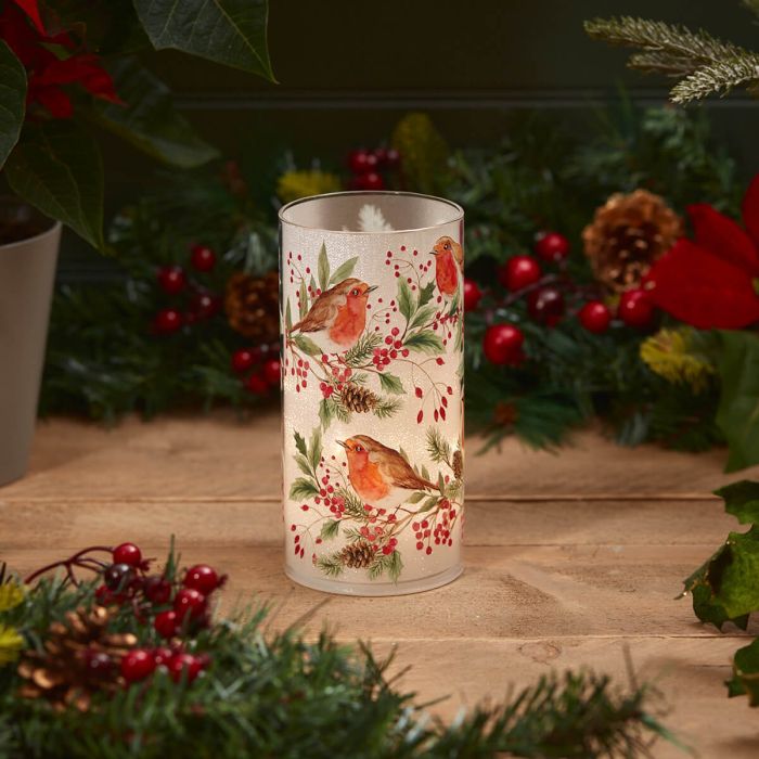 Christmas Glass Robin LED vase white with Berry Foliage design