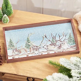 Christmas Reindeer Wooden Tray with Snowy Sky