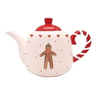 Christmas Ginerbread Teapot white ceramic with candy cane handle