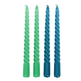 Pack of 4 Twisted Dinner Candles 20cm - Blue & Green