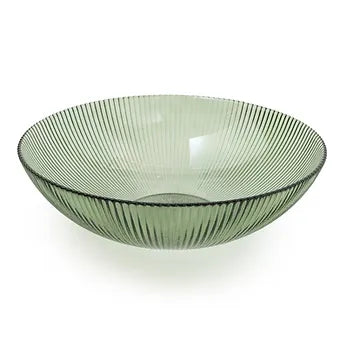 Large Green Glass Bowl Ridged Lines 25cm