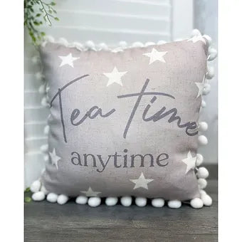 Tea Time Anytime Grey Fabric Cushion with Tassels