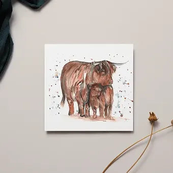 Highland Cow and Calf Watercolour Card