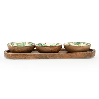 Handcrafted Set of 3 Small Mango Wood Dipping Bowls - Strawberries