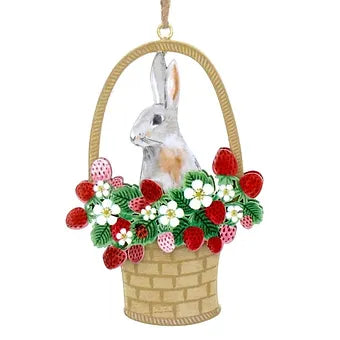 Gisela Graham Wood Dec 9cm - Strawberries Flat Basket w Bunny