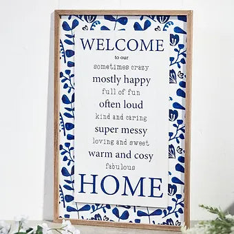 Indigo Blue Floral Home Framed Plaque Wooden