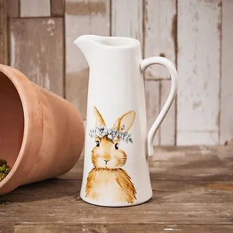 Spring Bunny Jug White Ceramic with Grey Flower Crown