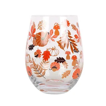 Autumn Leaves and Pumpkins Stemless Glass