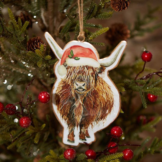 Christmas Metal Shaped Highland Cow hanger with Santa Hat