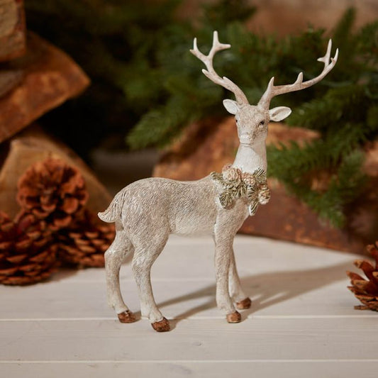 Christmas Stag Ornament Pale Grey with Pinecone Necklace