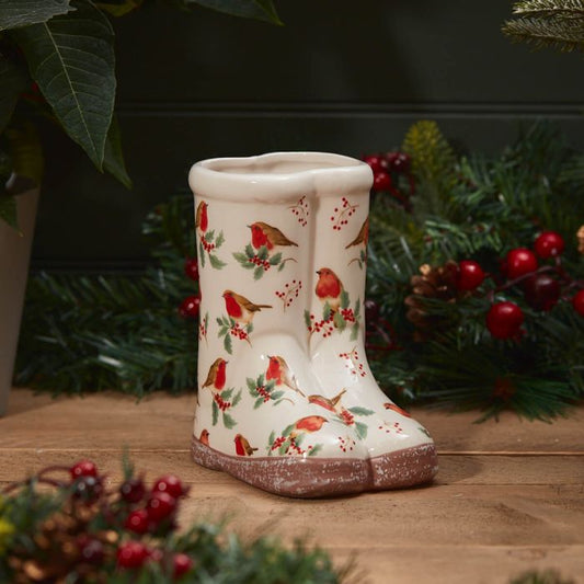 Christmas Robin Welly Planter white ceramic with Holly Branches