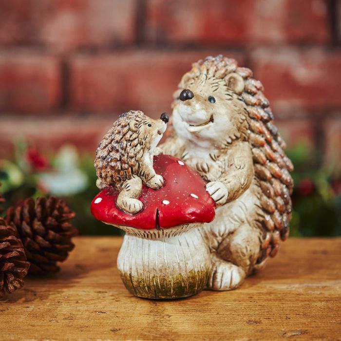 Adorable Mummy & Baby Hedgehog Toadstool Ornament