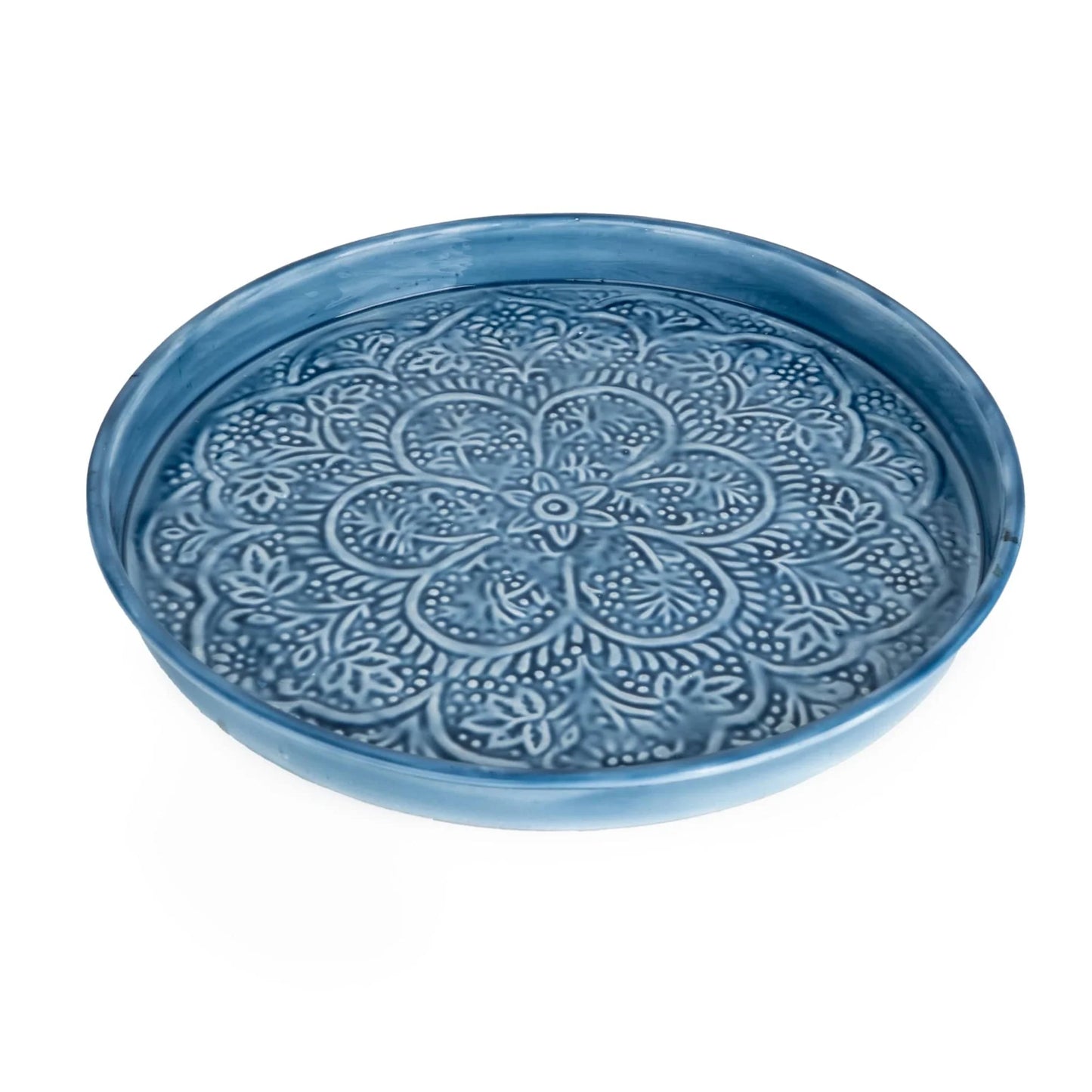 32cm Round Metal embossed enamel Tray - Blue