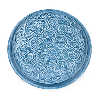 32cm Round Metal embossed enamel Tray - Blue